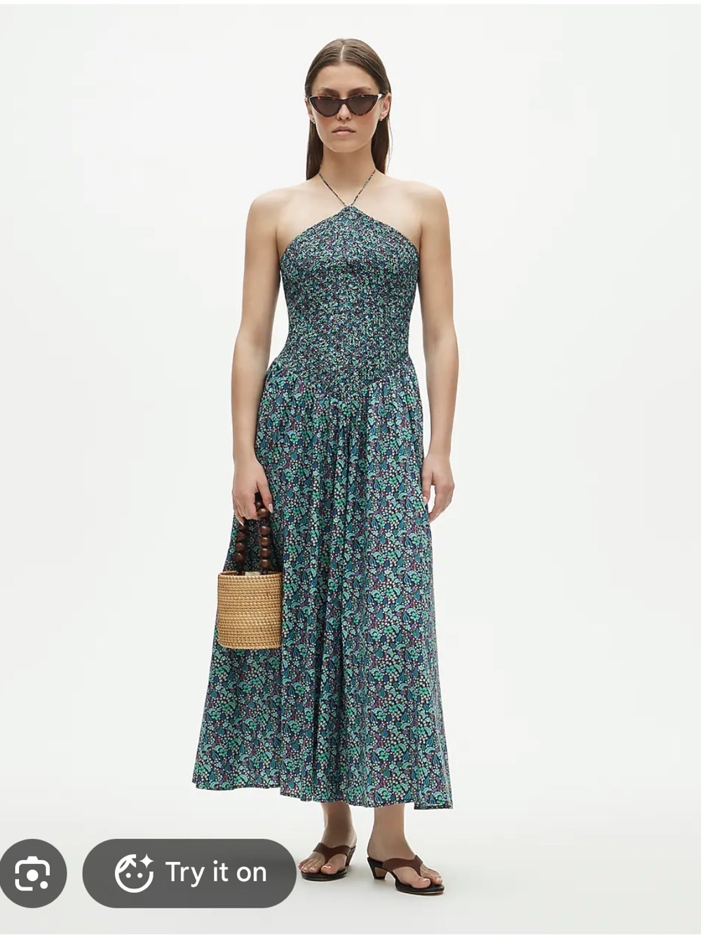 J. Crew Teal and Purple Smocked Liberty Halter Maxi Dress